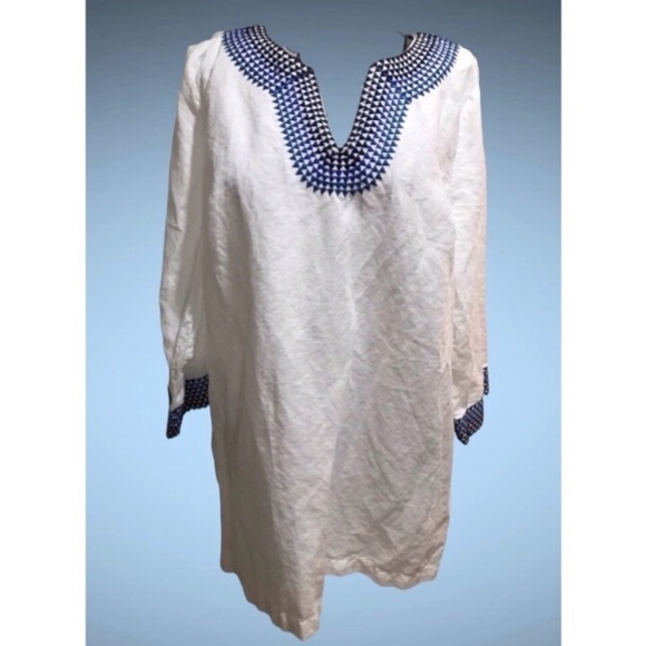 Cool Linen White and Blue Embroidered Tunic Top - Picture 1 of 6